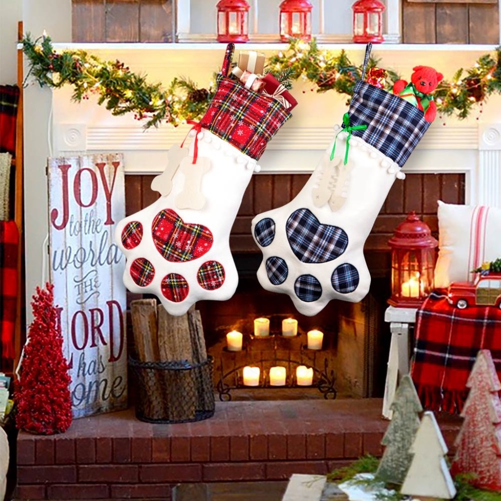 Plaid Cat Pet Christmas Dog Paw Stocking Socks Xmas Tree Hanging Ornaments Gift